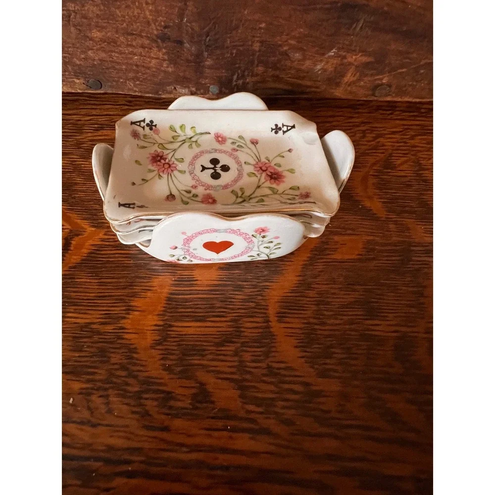 Vintage Japan Ceramic Bridge Set Playing Cards AshTrays Holder Queen Jack Ace